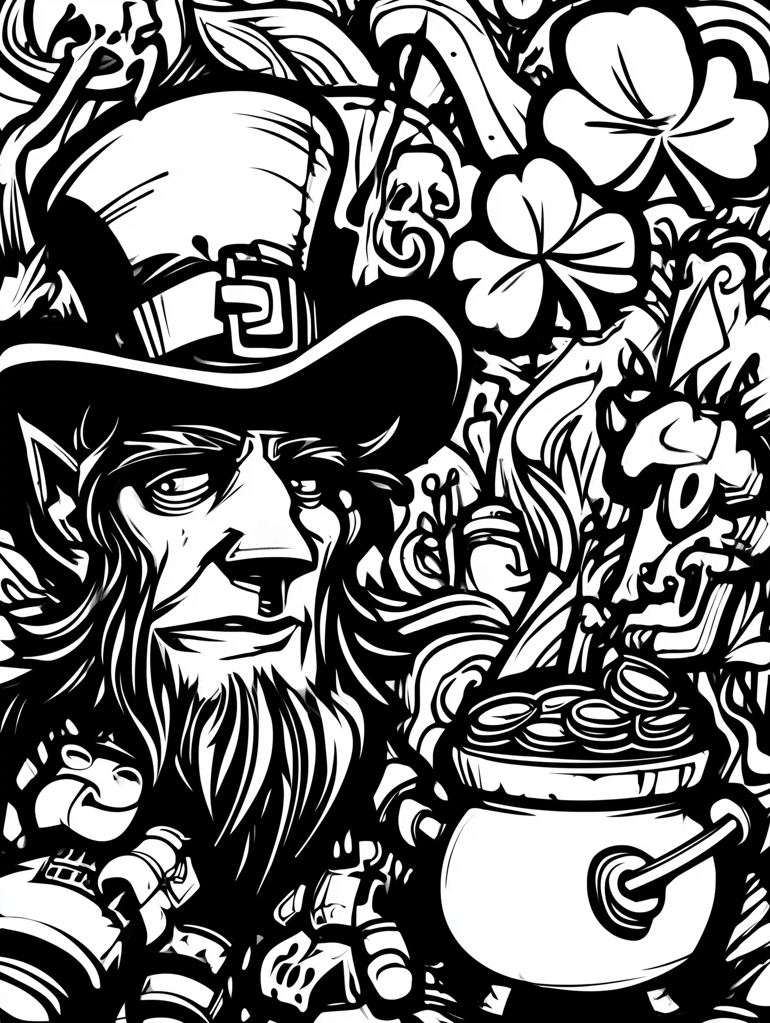 Free printable St Patricks Day coloring page for adults featuring a leprechaun watching over gold